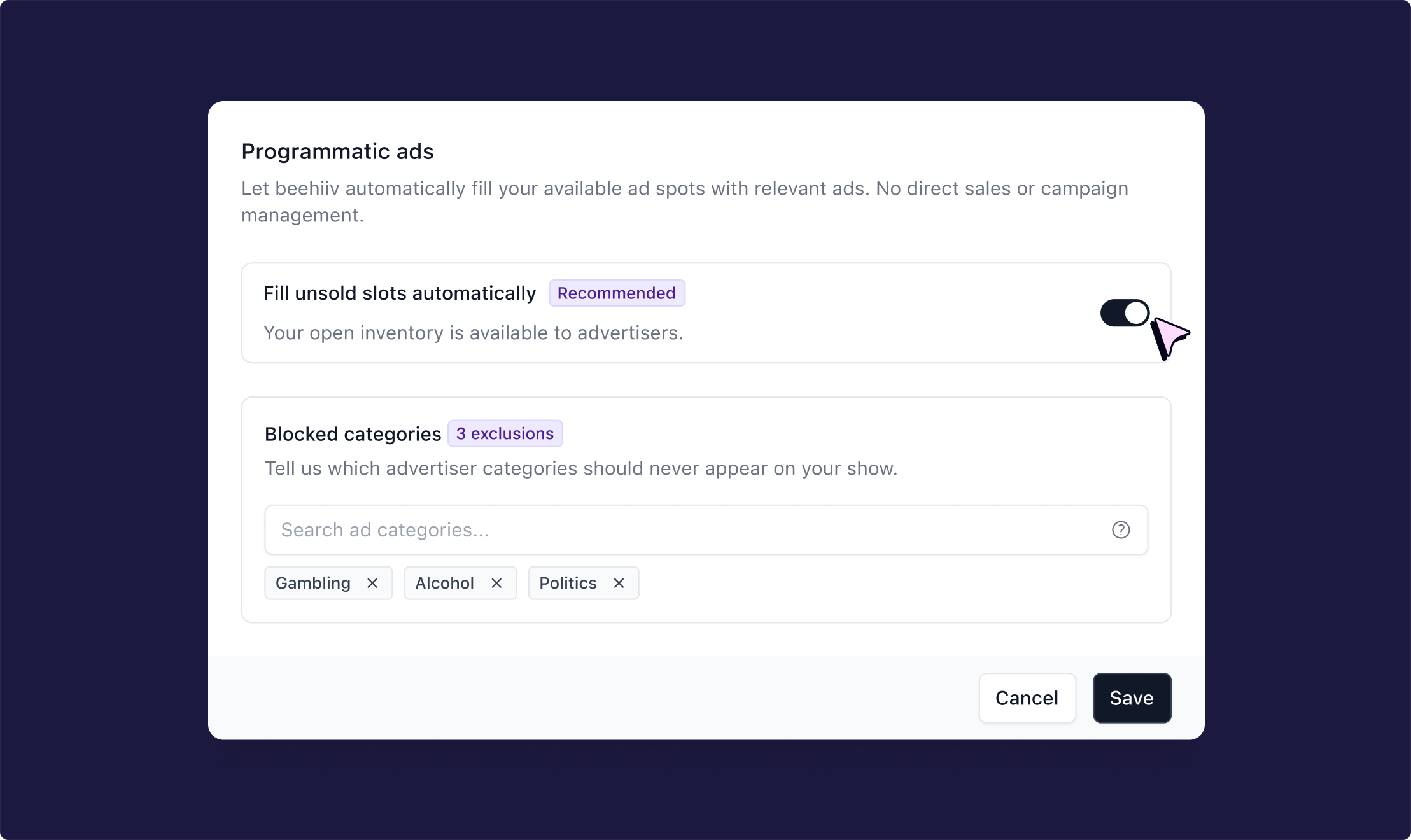 Programmatic ads settings with blocked categories